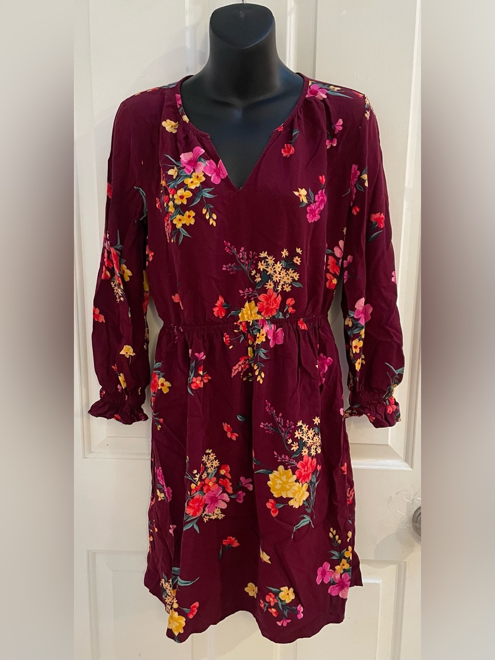 Burgundy Floral V-Neck Mini Dress